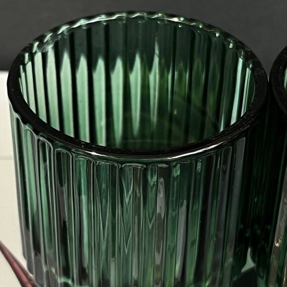 Ribbed Glass Votive Candle Holder Emerald Green Round Holiday Wedding Decor - Picture 13 of 17